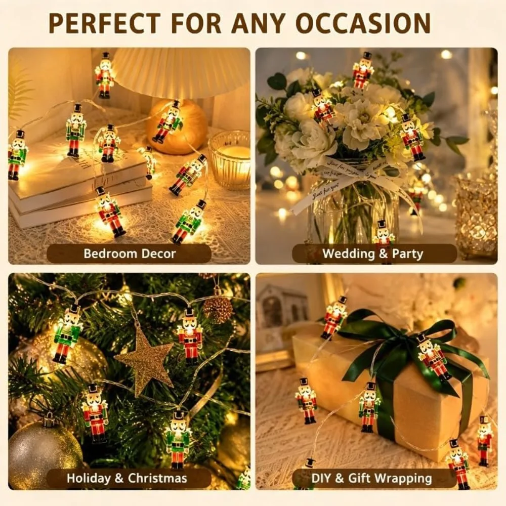 Warm glowing Christmas string lights shaped like miniature golden dachshund dogs wearing red Santa hats lit up on green grass.
