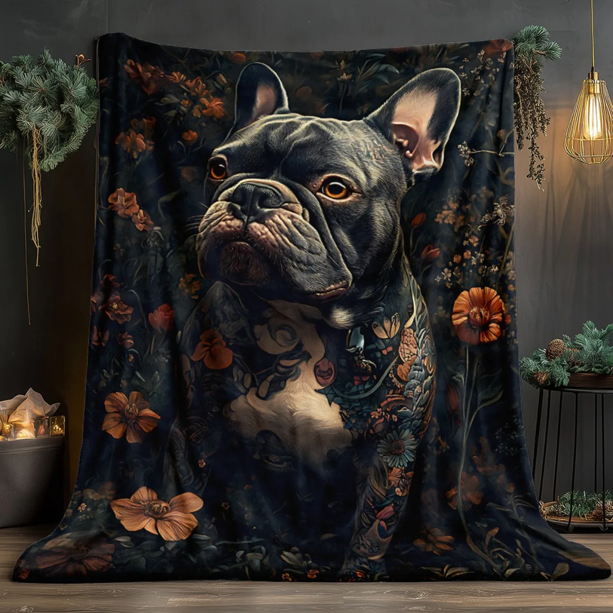 French bulldog floral tattoo art dog portrait blanket flannel dark vintage style pet lover home decor gift for dog owners