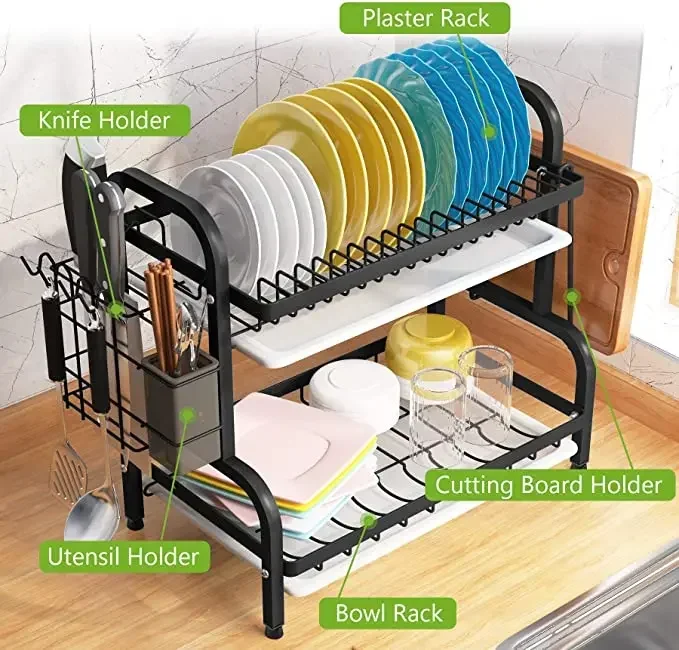 Dish Drying Rack 2-Tier Compact Kitchen Dish Rack Drainboard Set Large Rust-Proof Dish Drainer With Utensil Holder