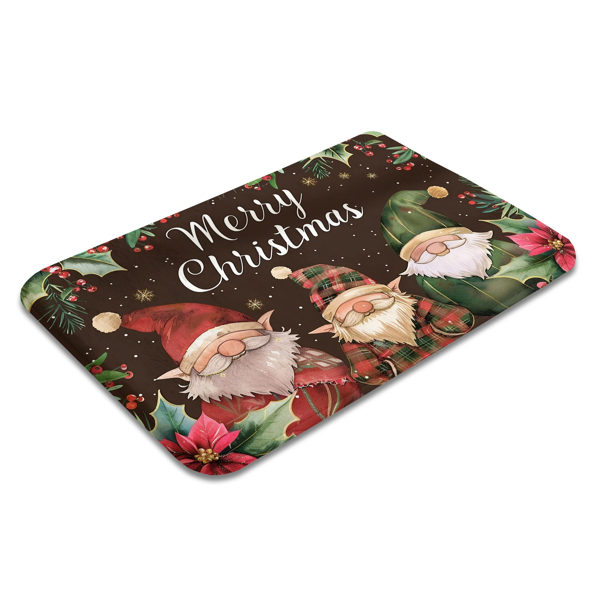 Watercolor Plaid Gnome Poinsettia Print Plush Absorbent Sponge Mat,Bathroom Non‑Slip Mat & Decorative Door Mat