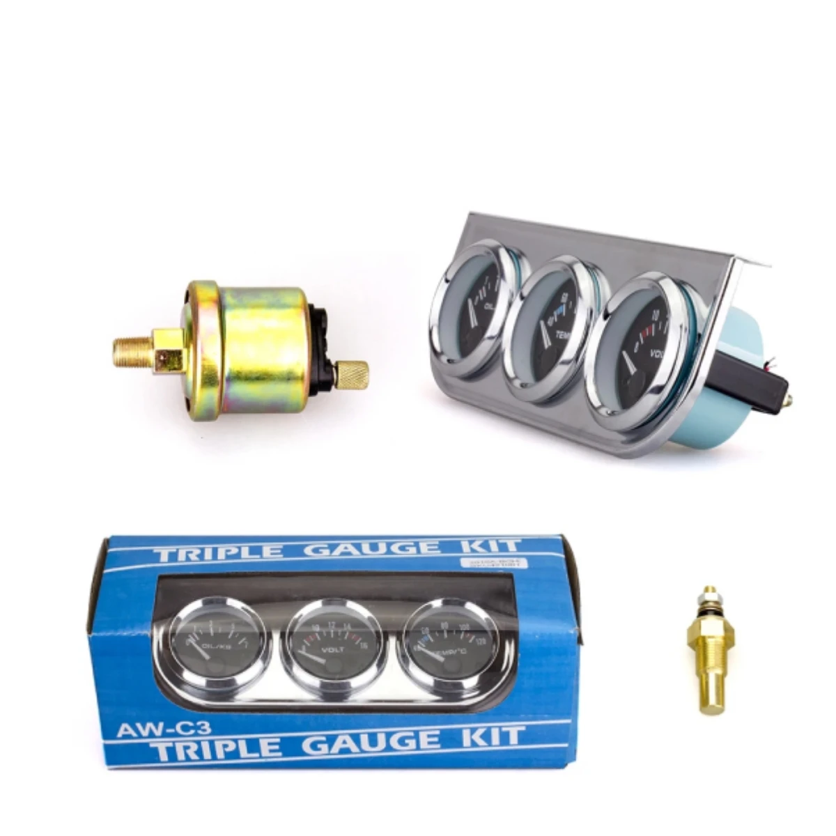 52mm 3 In 1 Oil Pressure Gauge + Voltmeter + Water Temp Gauge Kit with Sensor Oil Temp Gauge Voltmeter Oil Press Triple Meter