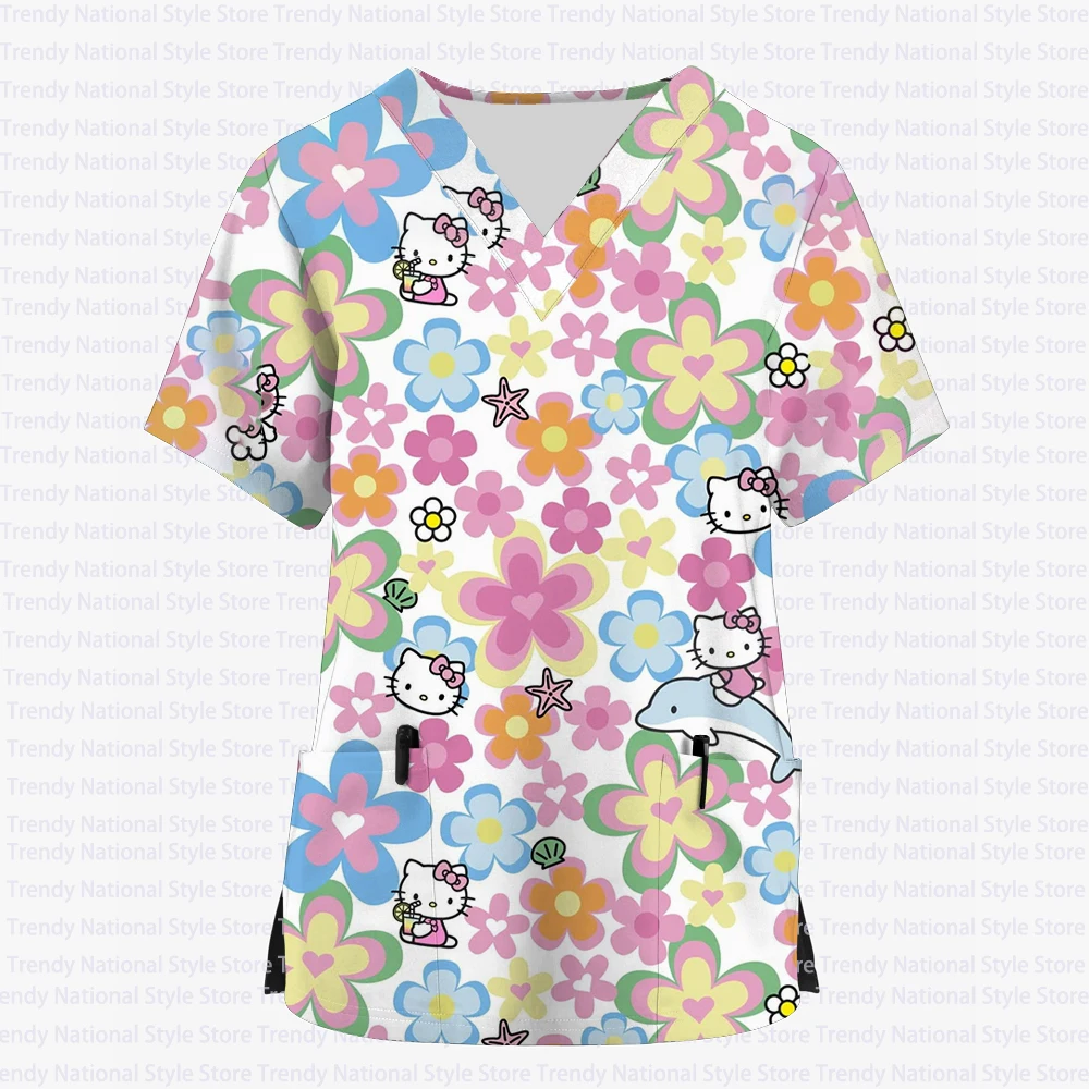 

Ladies New Summer Cartoon HelloKitty Pocket Work Sister Colleague Clothing V-Neck Print Scrub Top Dental Pet Shop Medical T-shir