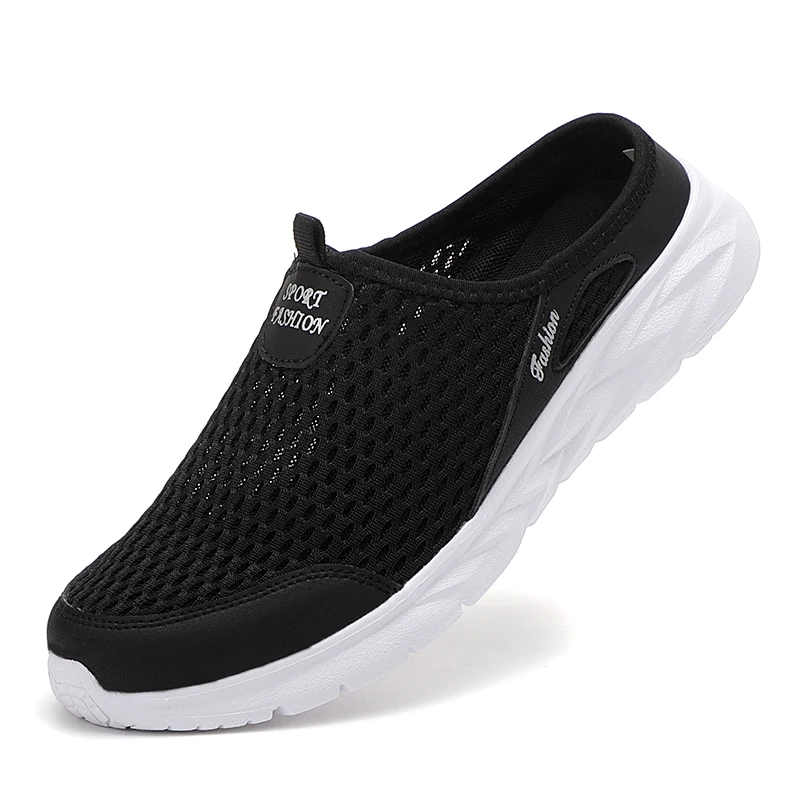 Men's semi-slippers summer breathable mesh men's shoes outdoor leisure walking shoes flat bottom black mesh slippers sandals 46