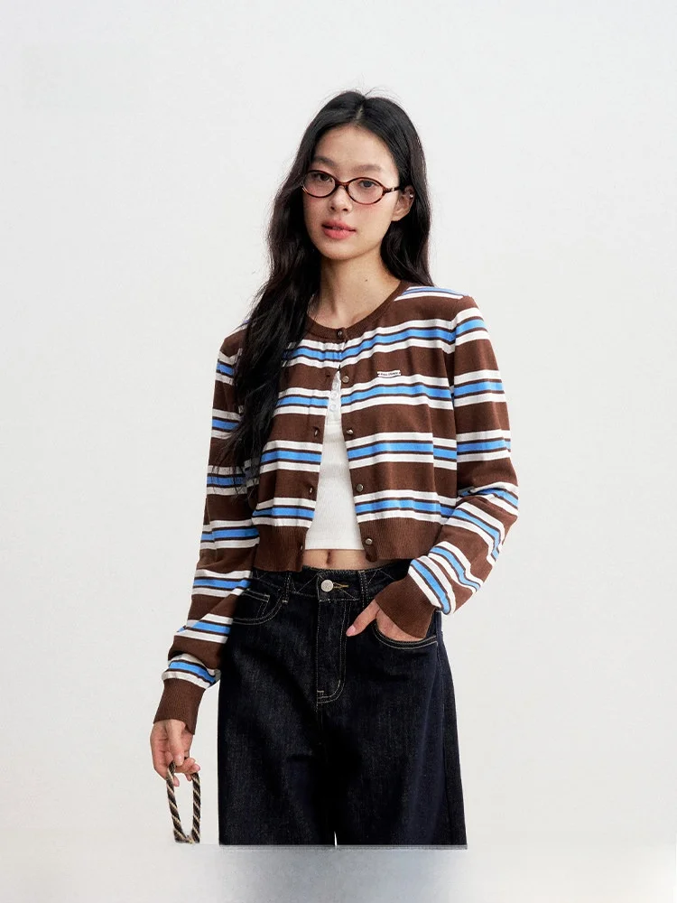 

Мягкий вязаный кардиган с круглым вырезом и длинными рукавами, в полоску, с цветовыми блоками, повседневный, приталенный, женская трикотажная одежда