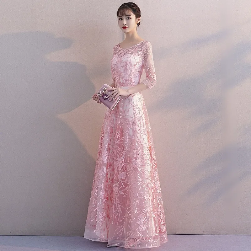 Новое женское сетчатое вышитое банкетное элегантное вечернее платье, модное длинное стильное утягивающее элегантное светское розовое платье подружки невесты