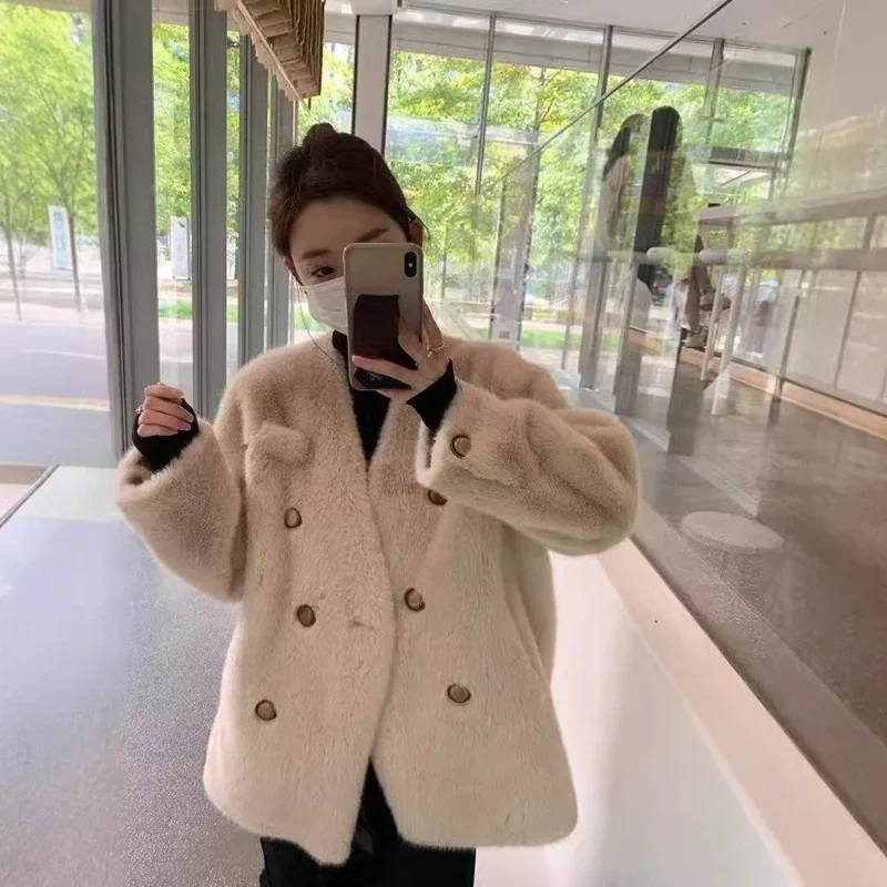 เสื้อแจ็คเก็ตเหมาเหมา รุ่นใหม่สำหรับฤดูหนาว สวยงาม อารมณ์หรูหรา อ่อนโยน แฟชั่นหลวม ขนเฟอร์มิงค์เทียมแบบผสมผสาน