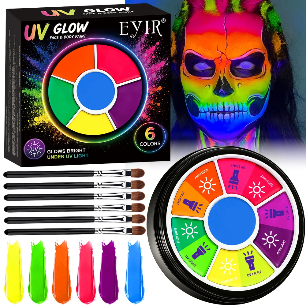 6 Colors UV Reactive Face Body Paint Palette with 6 Brushes Fluorescent Black Light Makeup Halloween Cosplay Party Festival