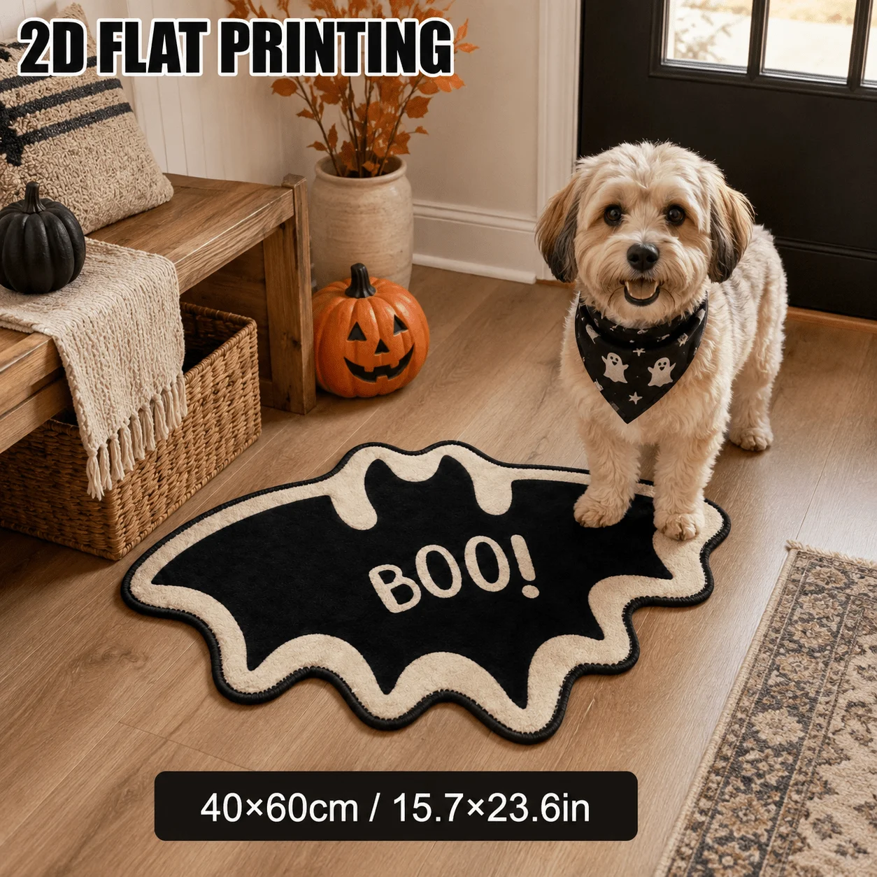 VIKAMA Tapis de sol d'entrée festif en peluche douce, motif chauve-souris d'Halloween, tapis de porte de salle de bain antidérapant, décoration pour la maison