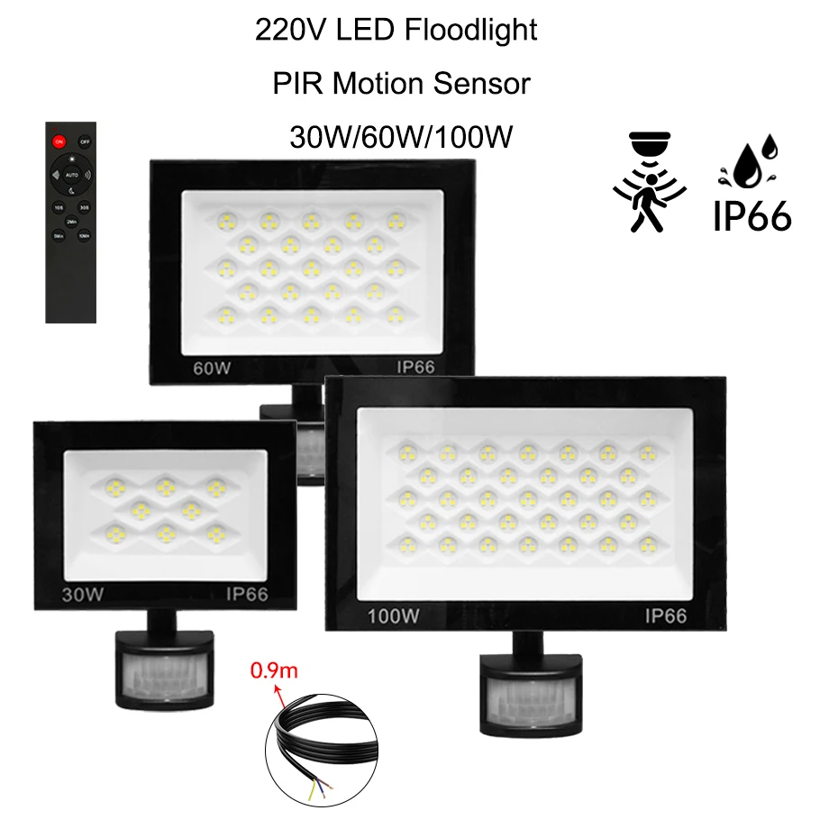 

Уличный светодиодный прожектор с датчиком движения PIR 30W 60W 100W AC220V IP66 водонепроницаемый, для сада и улицы, 6500K с ИК-пультом