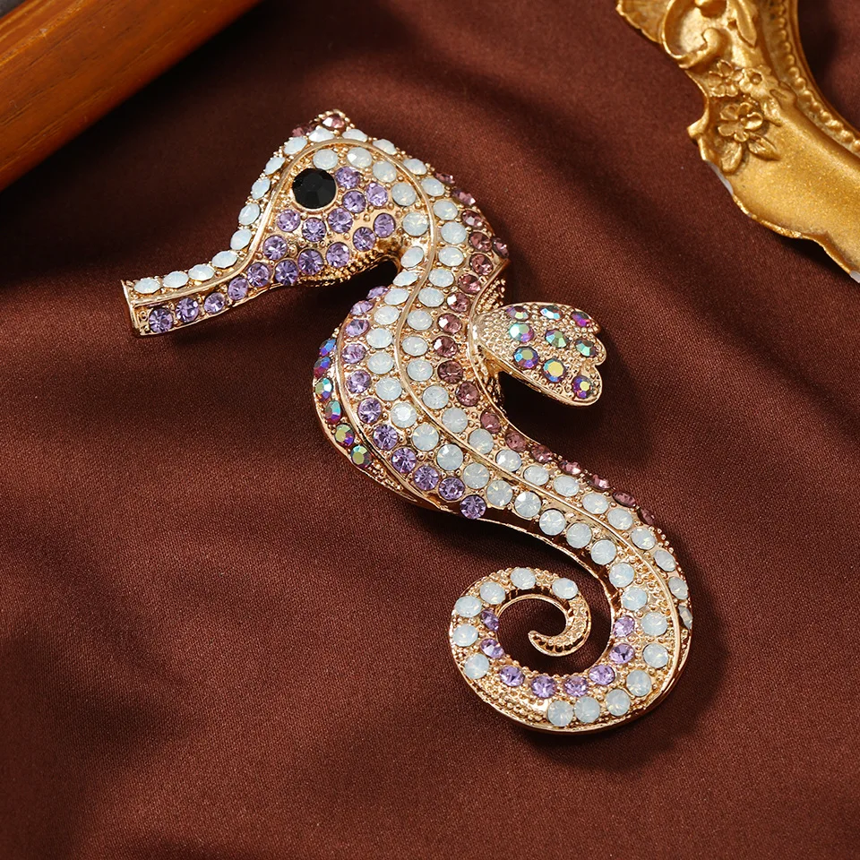 Trendy Cute Rhinestone Sea Horse Brooches For Women Creative Cartoon Hippocampus Animal Brooch Pin Pendant Accessories Jewelry