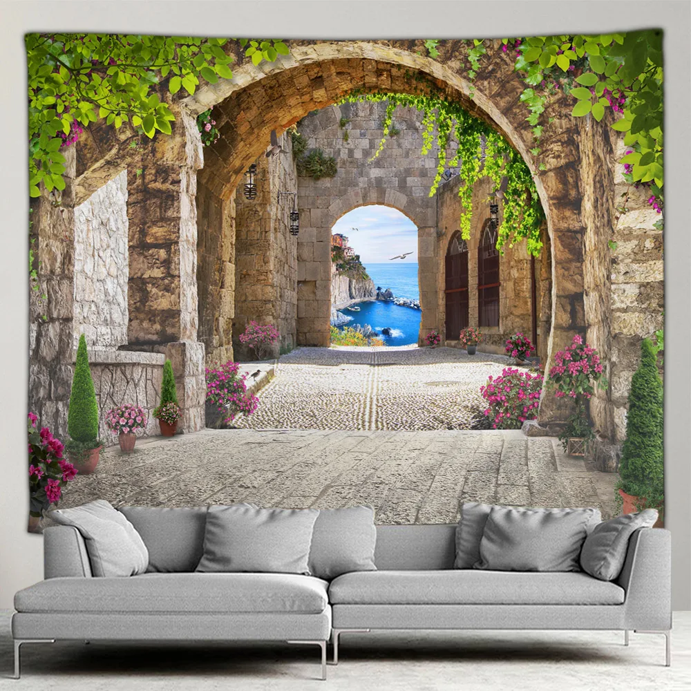 Outdoor Garden Poster Mediterranean Landscape Botanical Flower Tapestry Living Room Bedroom Background Wall Hanging Art Decor