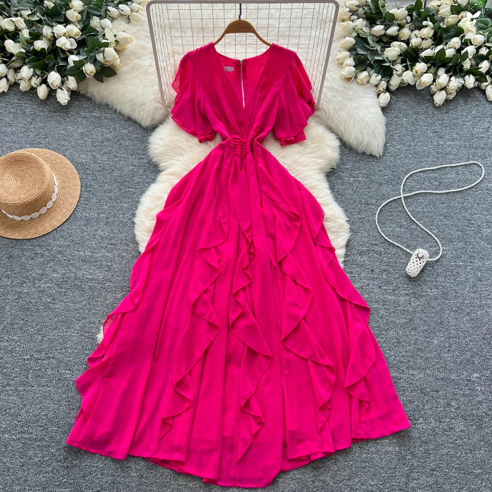 Chic vintage Sexy V-neck Criss-Cross ruffle Fairy Summer  Women Boho Sundress women clothing Long dress