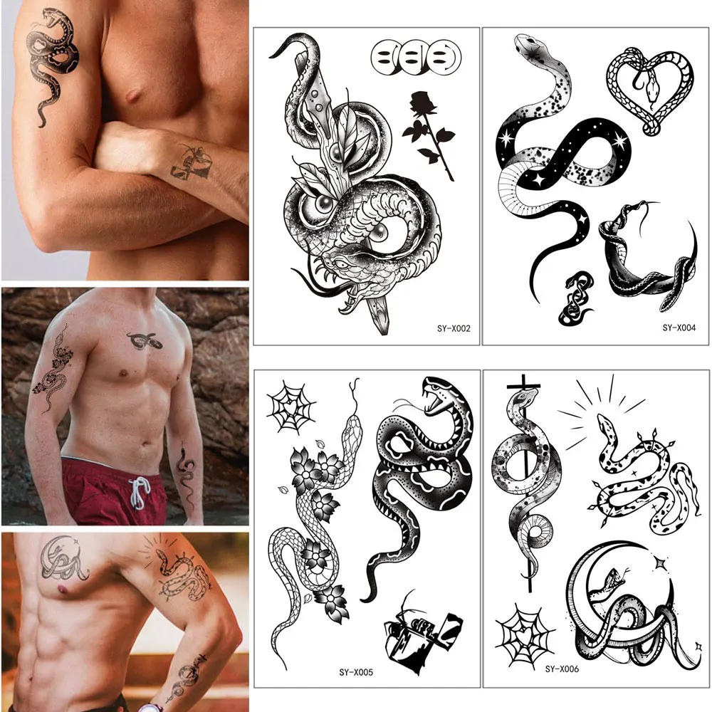 

Временные татуировки со змеиным узором для мужчин, водонепроницаемые реалистичные татуировки, наклейки для рук, тела, луны, паука, Wed, черные поддельные татуировки