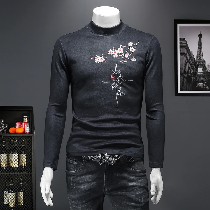 

High-End Embroidery Velvet Men T Shirt Homme Long Sleeve Casual Autumn Quality Smooth Comfortable Turtleneck Easy Care Camisetas