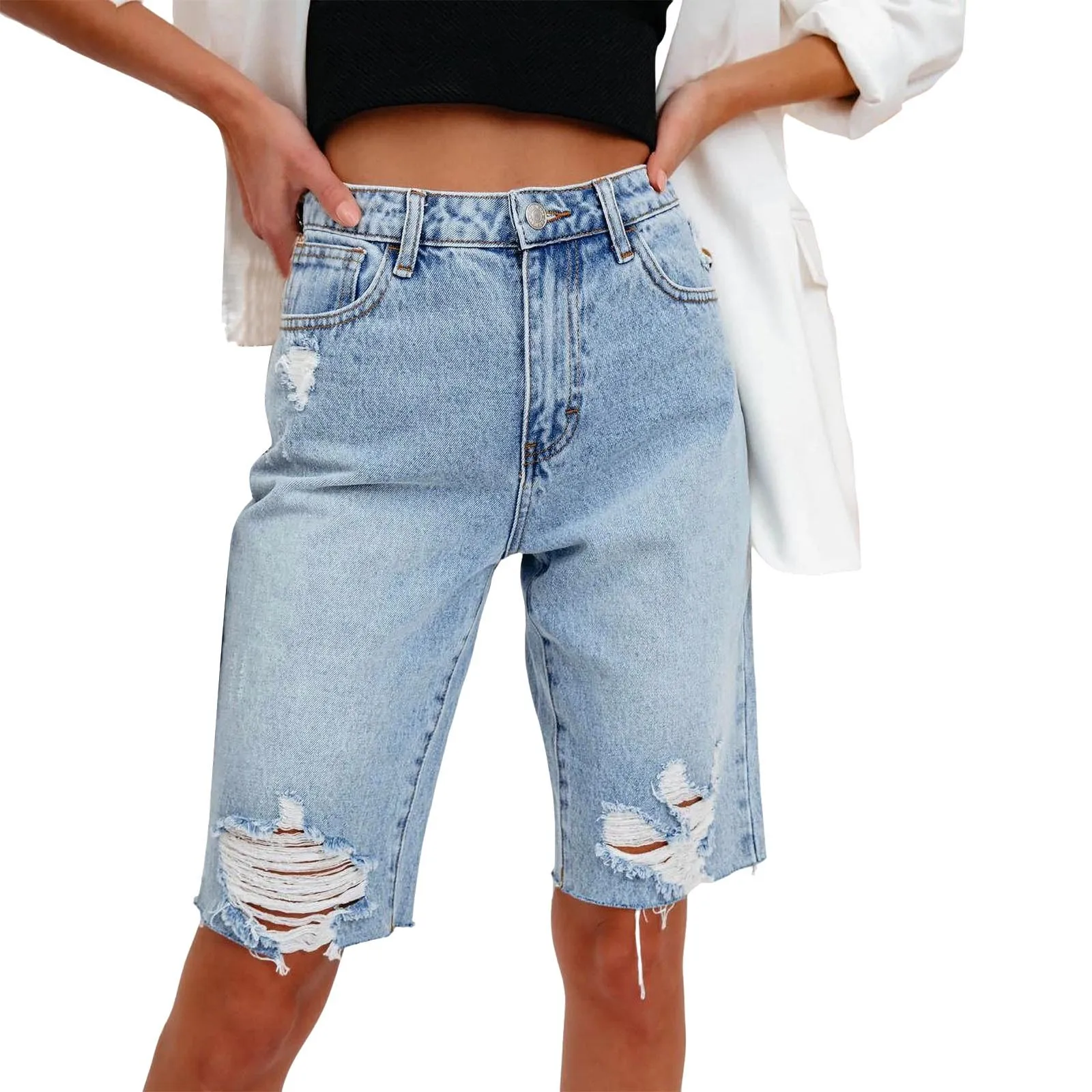 

Summer Women High Waist Blue Wide Leg Denim Shorts Casual Female Streetwear Hole Ripped Destroyed Stright Jeans Bermuda Shorts 4