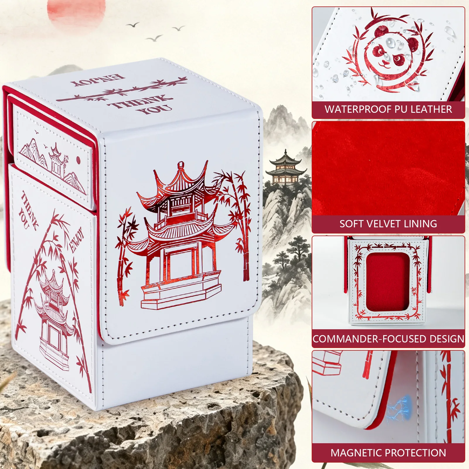 Caja para mazos de cartas de Pokémon, con diseño de panda chino y corte láser, compatible con cartas de TCG, incluye caja para dados, 2 separadores y 1 tapa. Compatible con cartas de Pokémon, Magic: The Gathering y Yu-Gi-Oh!, fabricada en cuero sintético.