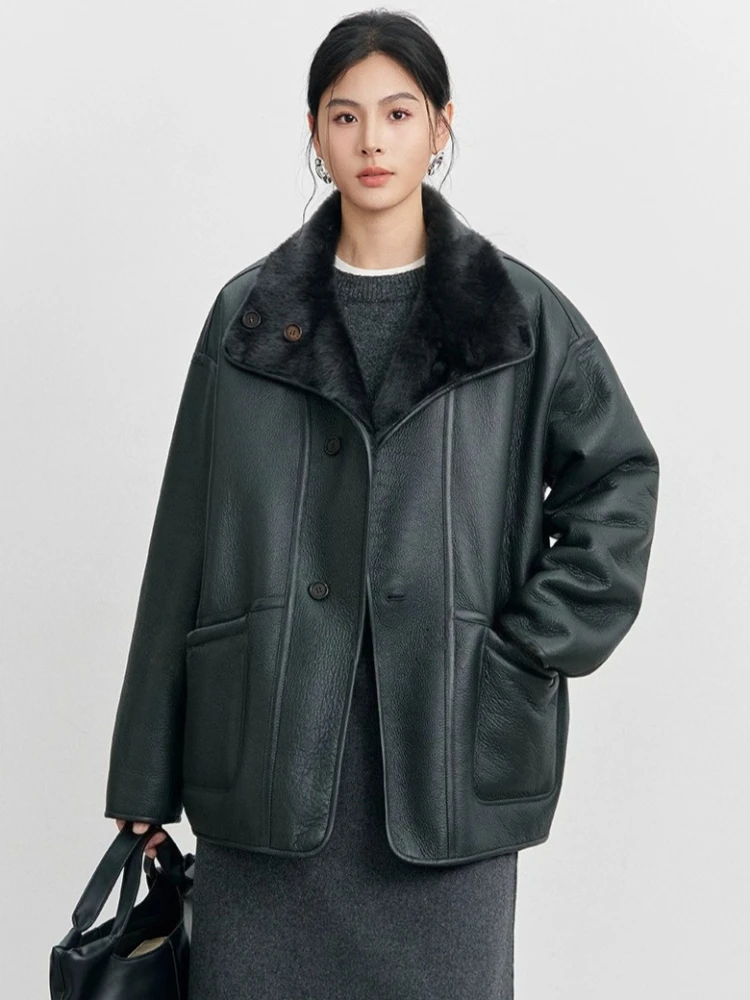 

High-end Luxury Lacon Lamb Fur Shearling Jackets for Women Simple Stand Collar Double-sided Wear Genuine Leather Real Fur Coat