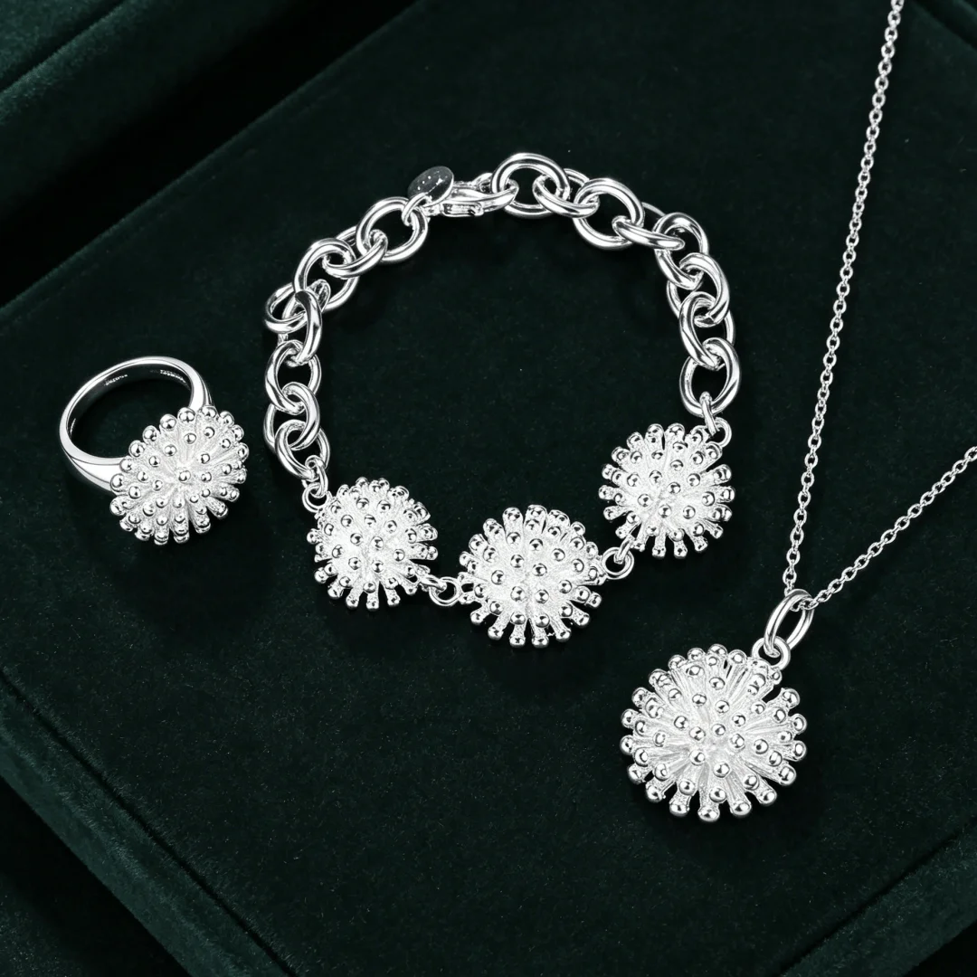 Special offer 925 Sterling Silver nice flower Pendant necklace bracelet rings Jewelry set for women Fashion Party wedding gifts