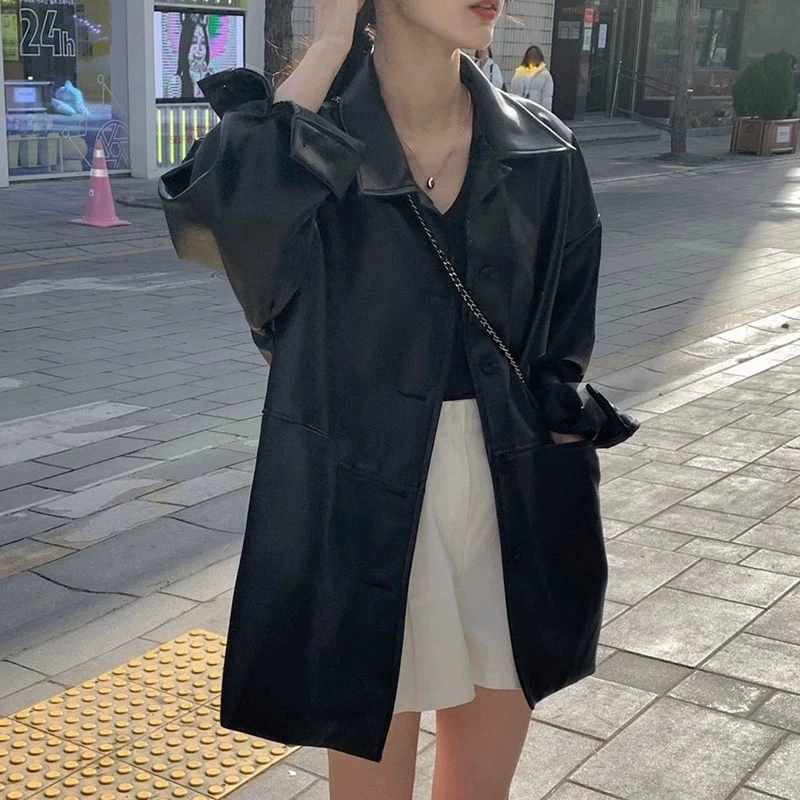 Slish Loose Women's Faux Leather Jacket Single Button Flip Collar Long Sleeve Commute Friendly Outerwear Fashionable Coat