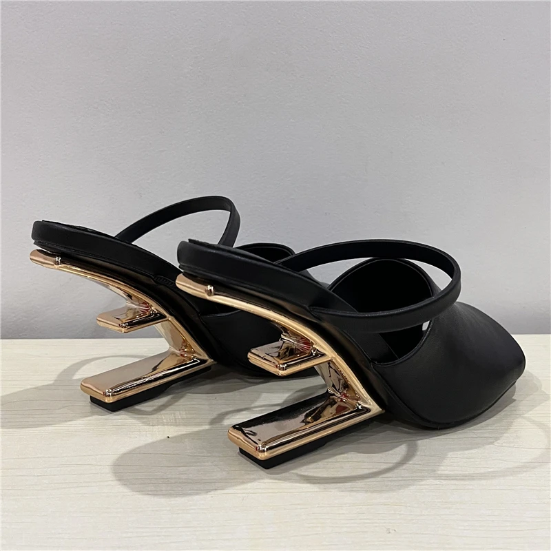 Black Letter Strange Heel Women Slippers Sexy Peep Toe Gladiator Sandals Dress Pumps Summer Outside Mules High Heel Wedge Shoes