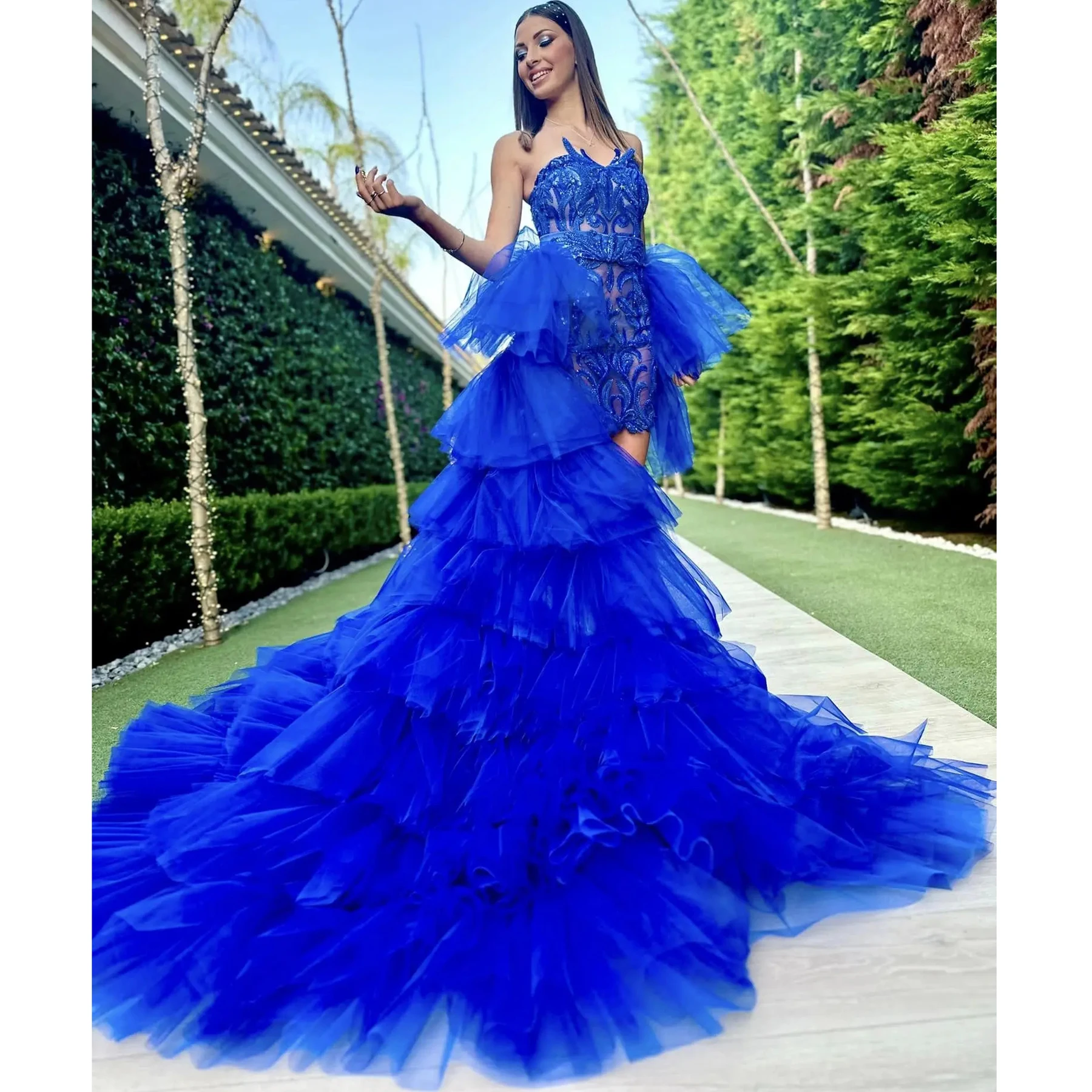 

Royal Blue Layered Tulle Overskirts Detachable Train for Party Dress Tiered Elastic Waist Removable Skirt Evening Wrap Skirt