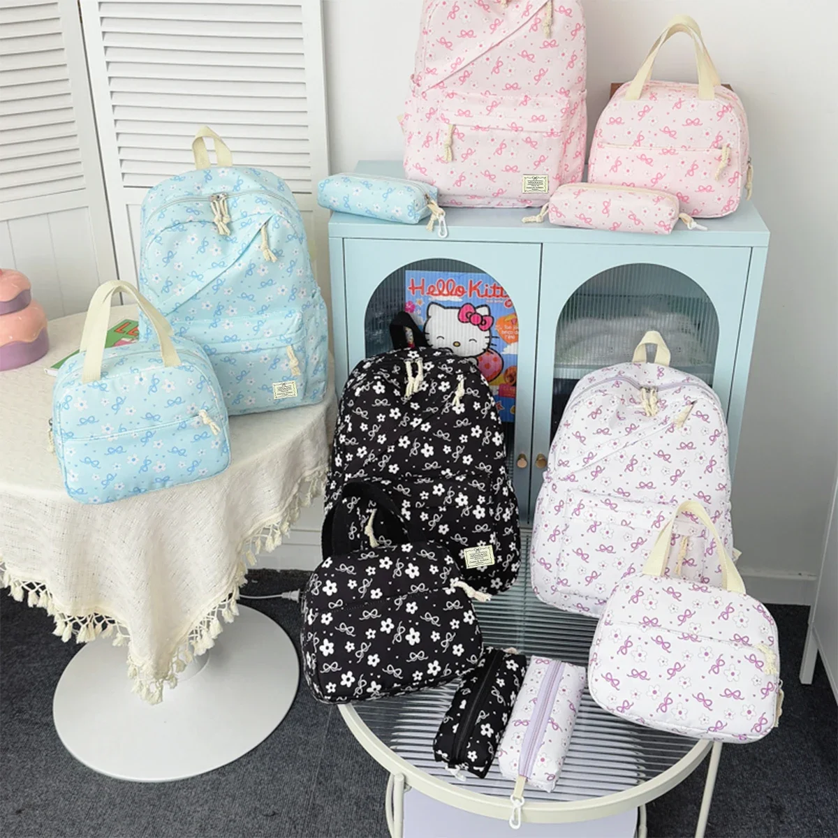 Hochwertiges, ästhetisches Rucksack-Set mit Blumenmuster, dreiteilig, aus leichtem Nylon, großes Fassungsvermögen, Mädchenrucksack, Campus-Studentenrucksack – Detail 15