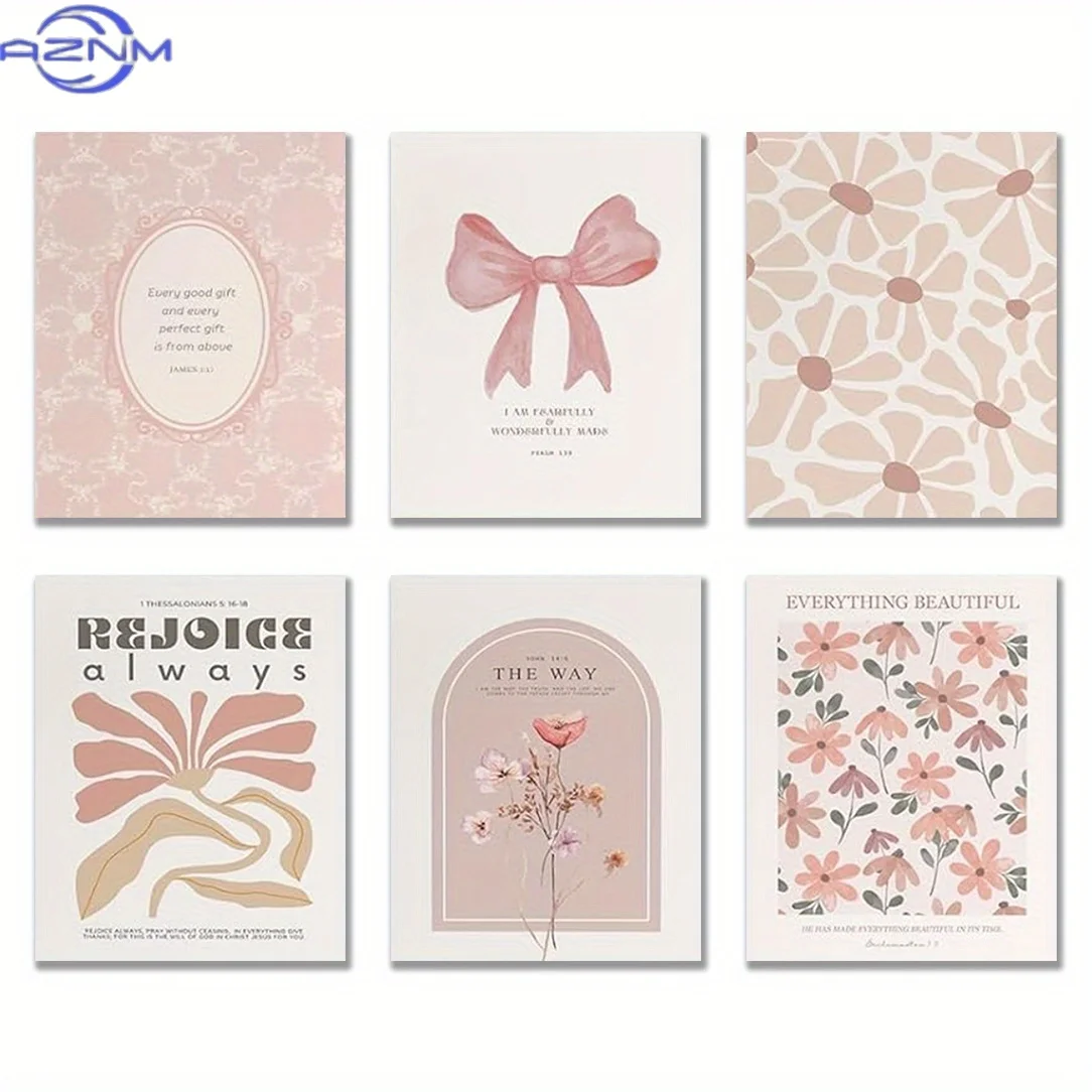 2D/FLAT 6pcs Frameless Art Canvas Poster Set of 6 Unframed Christian Wall Art Prints, Pink, Bible Verses, Pictures, Wall Decor,