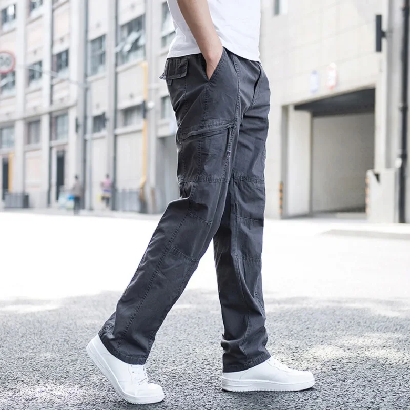 Big Size Men\'s Cargo Trousers Straight Leg Work Pant Men Loose Fit Summer Wide Overalls Male Side Multi Pocket Large Size