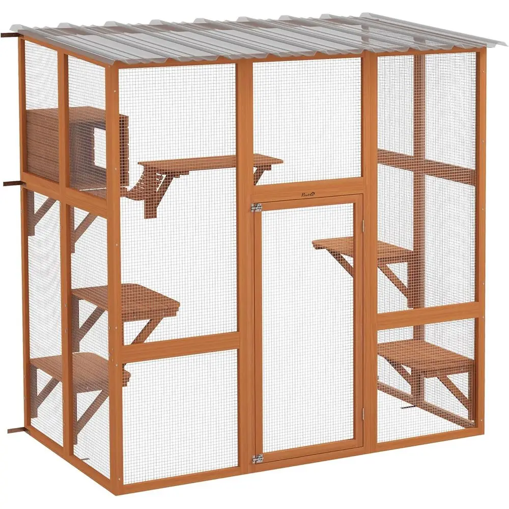 

Уличный вольер для кошек с деревянным домиком, когтеточками и защитой от непогоды для 1-2 кошек, 68 x 35.5 x 70.5, оранжевый