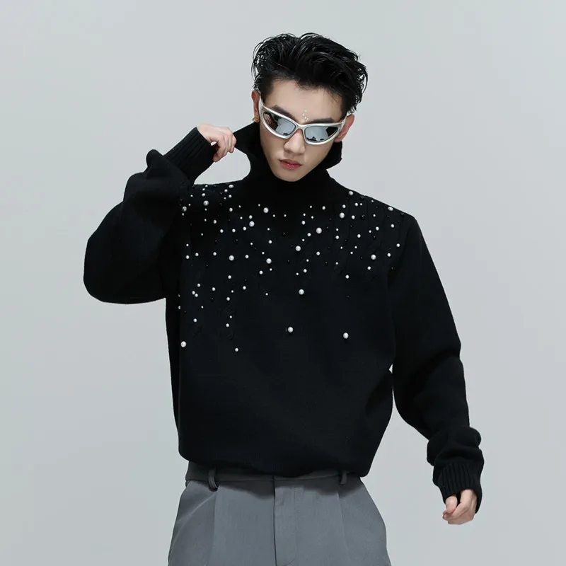 WVGA primavera otoño nuevo hombre marea perla adornado diseño de moda suéteres con cuello en V nicho Chic Casual chaqueta de manga larga Ins W12860
