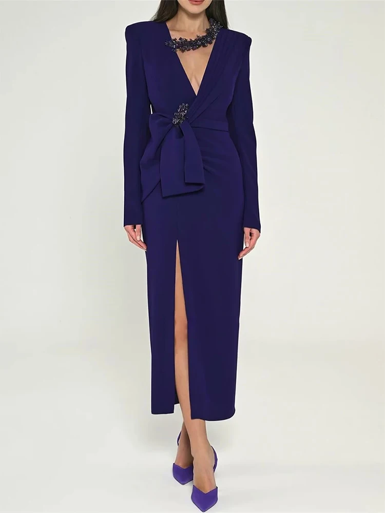 فساتين سهرة رسمية أنيقة على شكل حرف V مزينة بالخرز وطيات جانبية وفتحة جانبية فساتين لحضور الحفلات الموسيقية مخصصة abendkleider