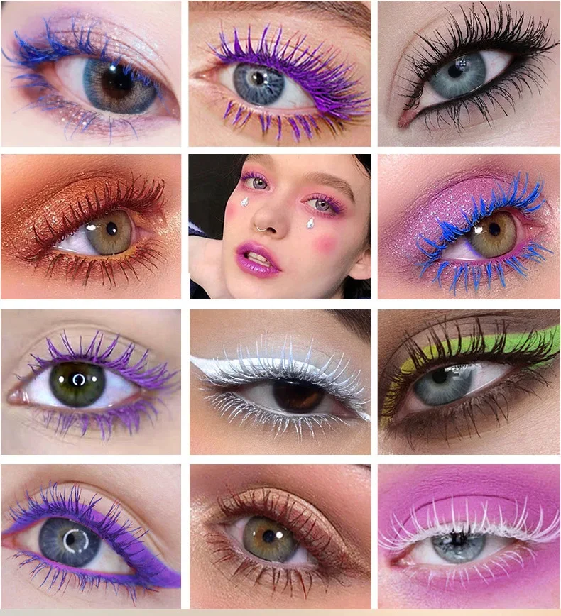 5D-Mascara-Make-up, wasserdicht, schweißfest, nicht verschmierend, schlanke Farbe, lila, blau, weiß, Wimperntusche, wasserfeste Kosmetik