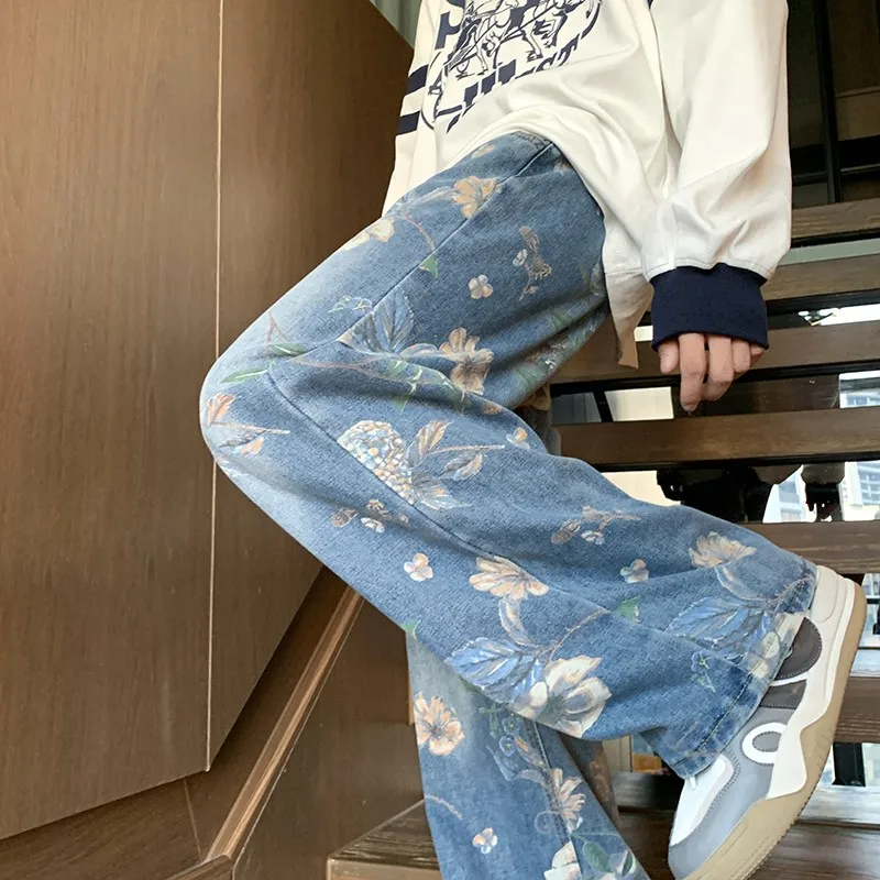 2024 baggy jeans men Floral Printed Jeans Korean Style Autumn Denim Pants High Street Loose Trousers Hip Hop Wide-leg Jean Pants