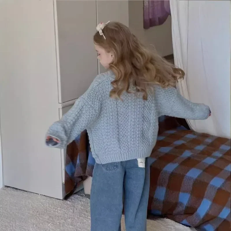

Girls Gray Lazy Style Knitted Dress Children's Korean Thickened Long Knee Sweater Skirt