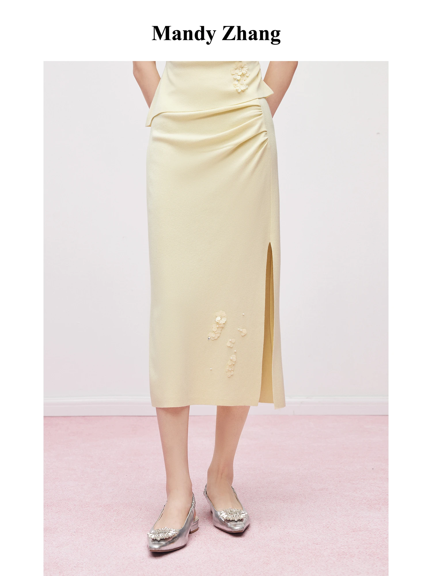 

MandyZhang Cashmere Knitted Half Skirt Women's Spring Summer Design Pleated Beaded Long Skirt Elegant High Waist H-Shape