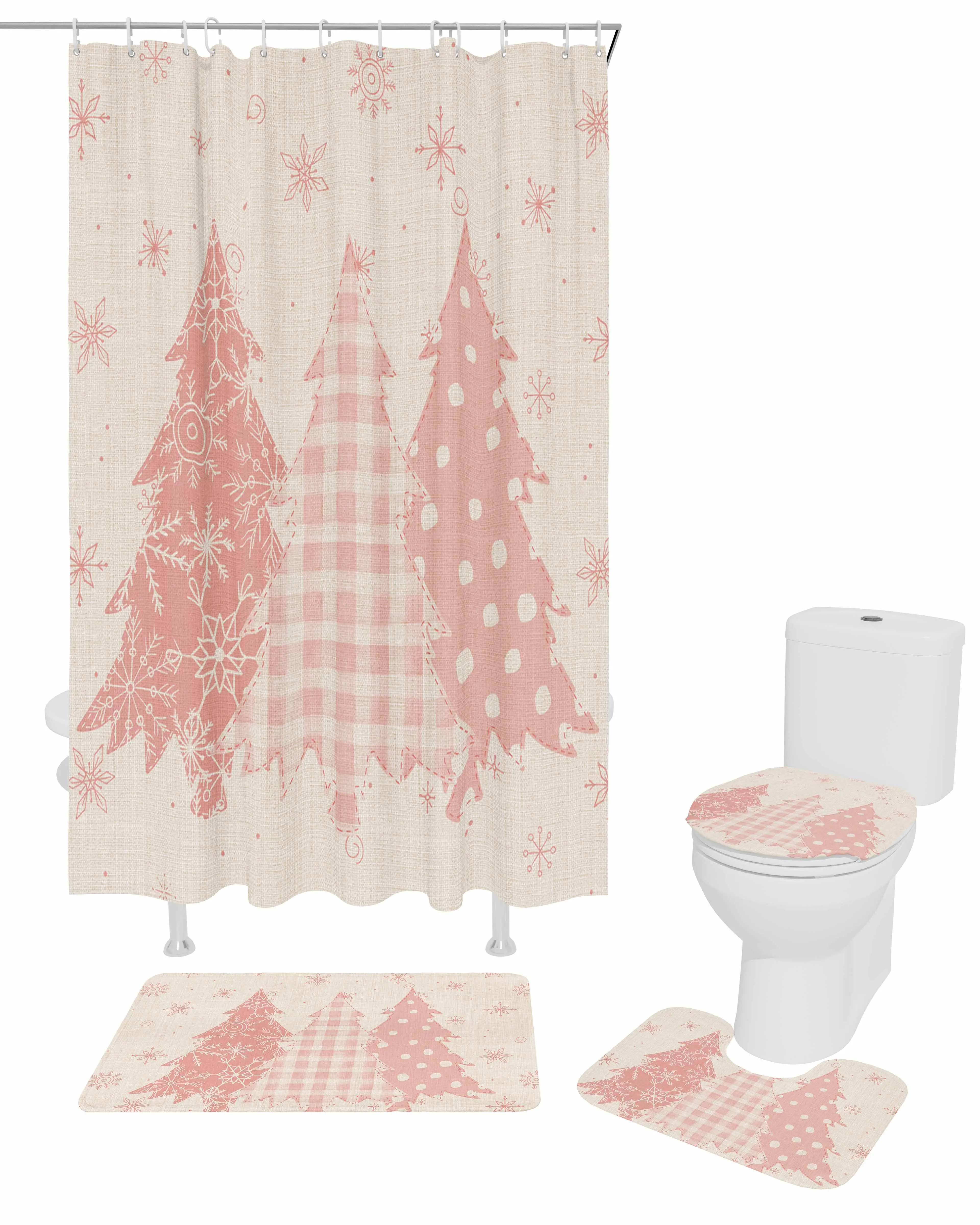 Hand-PaintedSnowflakesPolyester printed shower curtain bathroom set,luxurious curtainsabstract 4-piece setcoral fleece floor mat