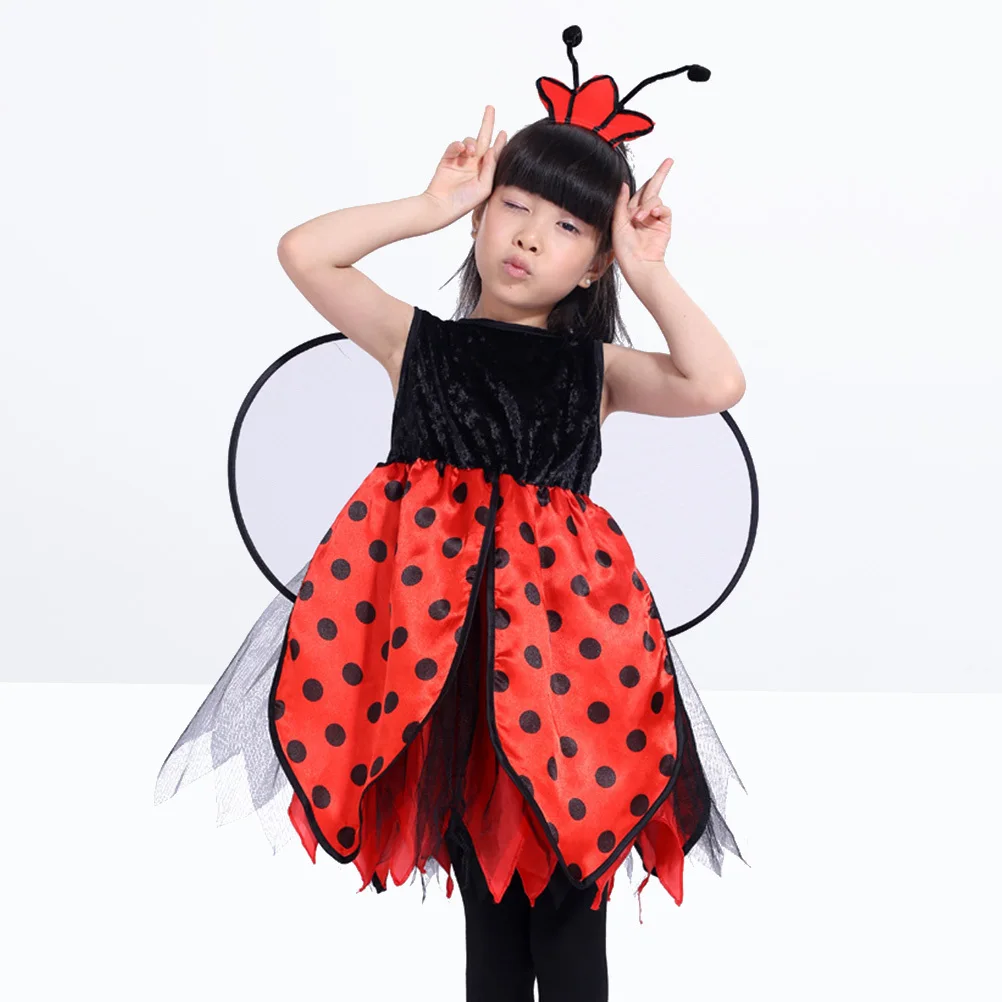 2 個女の子てんとう虫コスチュームセットドレス羽ヘッドバンド軽量ハロウィンクリスマス誕生日パーティー遊びてんとう虫の羽
