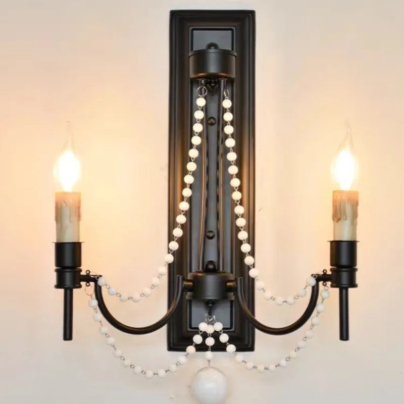 Creative American LED Wall Lamp French Wood Bead Simple Sconces Bedroom Living Room Background Wall Corridor Wall  Light