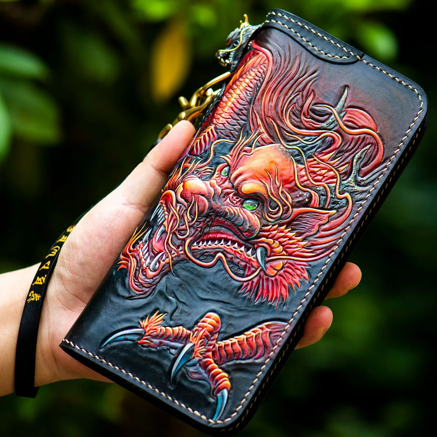 Handmade Wallets Carving Dragon Brave Purses Men Long Clutch Vegetable Tanned Leather Color Zipper Wallet Card Holder