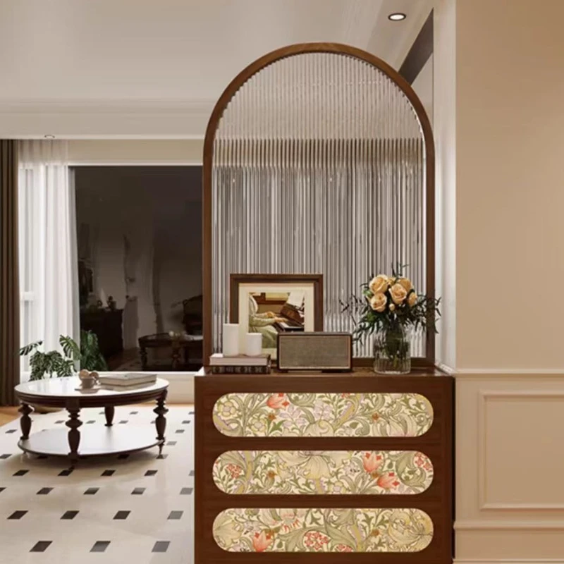 

French light luxury door partition living room dining room block solid wood design shoe cabinet locker water pattern glass