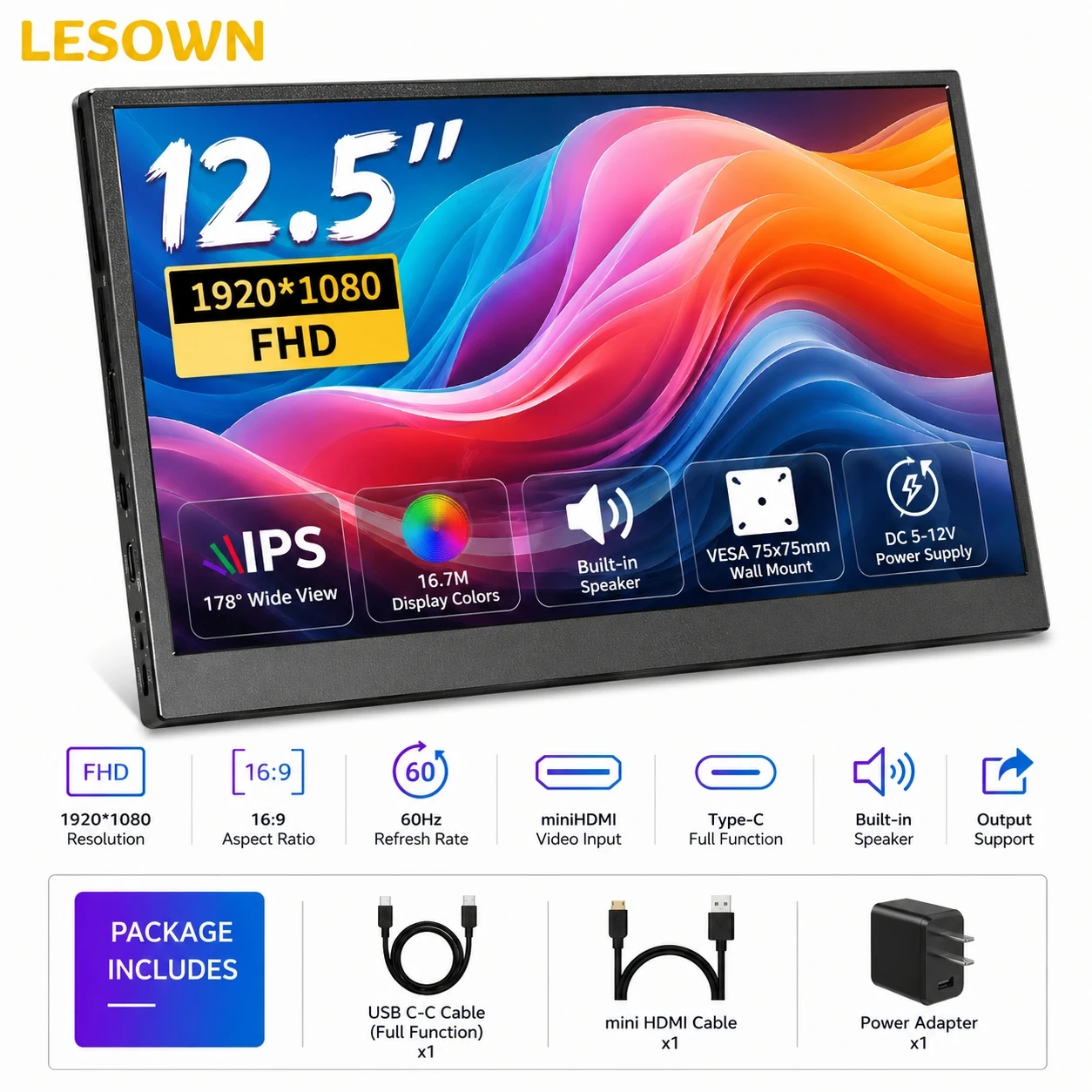 LESOWN 12.5 Inch Black Aluminum Travel Display 60Hz 1920x1080 Portable Monitor Plug & Play for Laptop