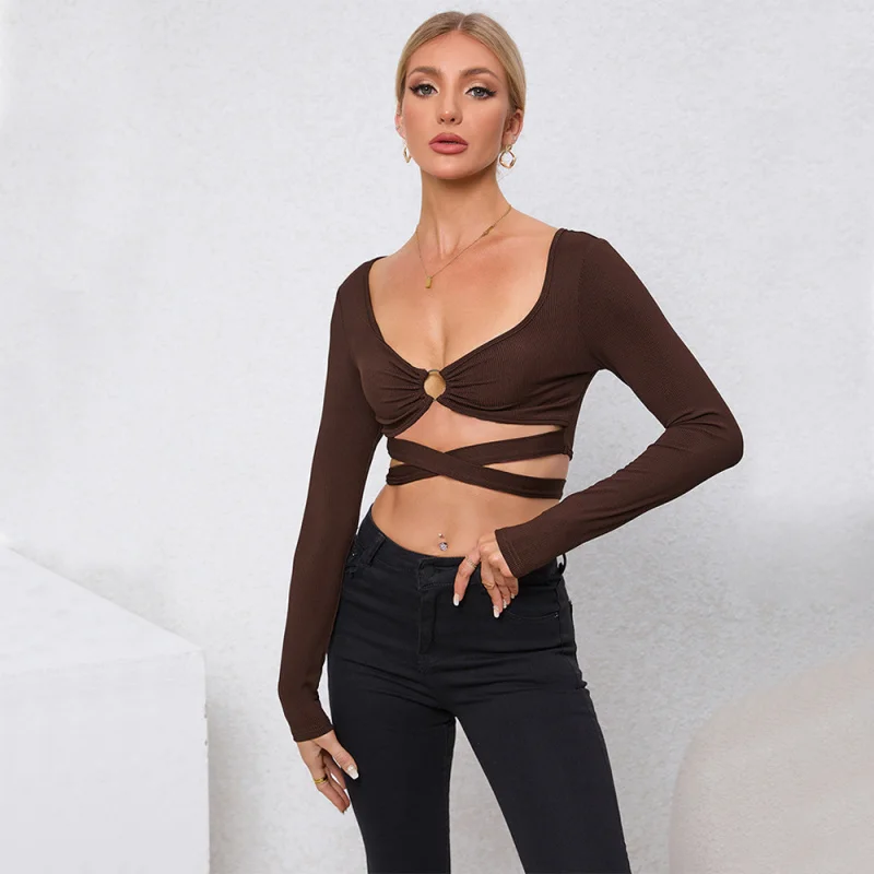 

Европейская и американская женская одежда, осенне-зимний новый ажурный облегающий ультракороткий свитер с длинными рукавами, модный