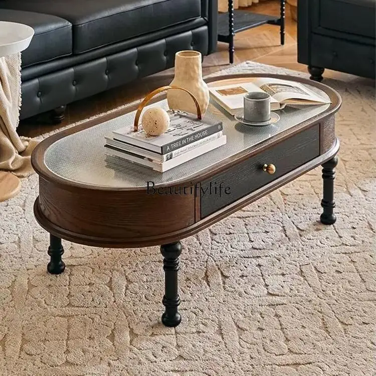 

French retro solid wood glass coffee table movable small apartment oval coffee table medium and ancient style