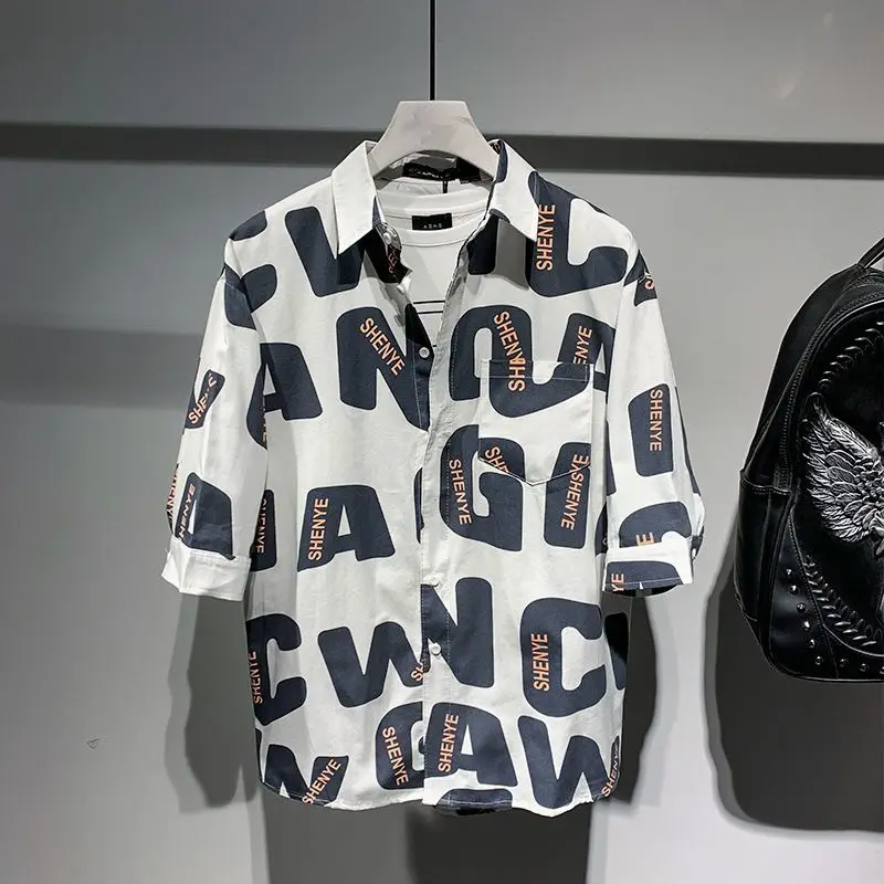 2024 New Summer Japanese Minimalist Casual Loose Oversize Fashionable Lapel Letter Print Versatile Short Sleeved Shirt for Men