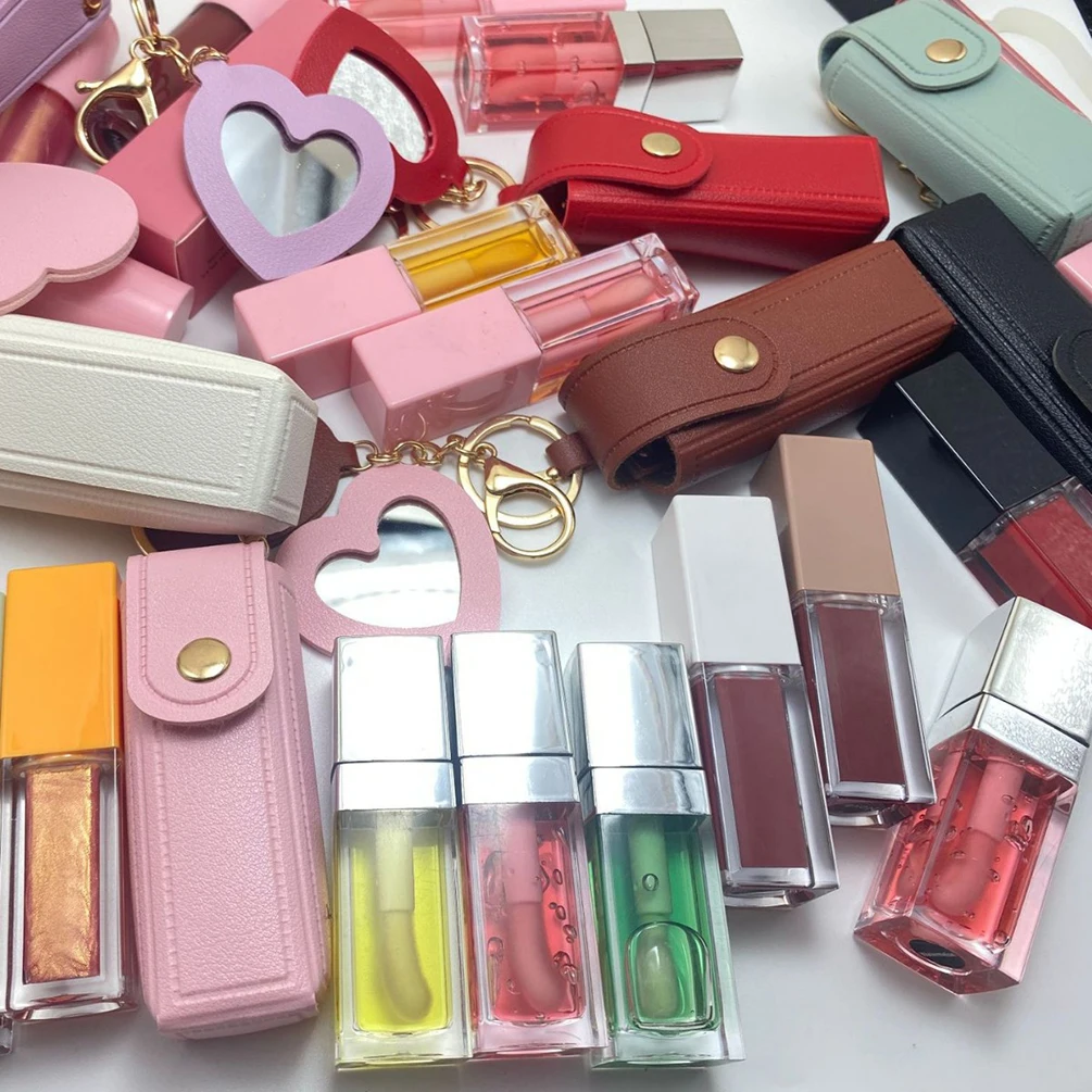 Lucidalabbra/olio per labbra con pendente a specchio in pelle PU Pigmento per etichetta privata Idratante a lunga durata Logo personalizzato Trucco all'ingrosso