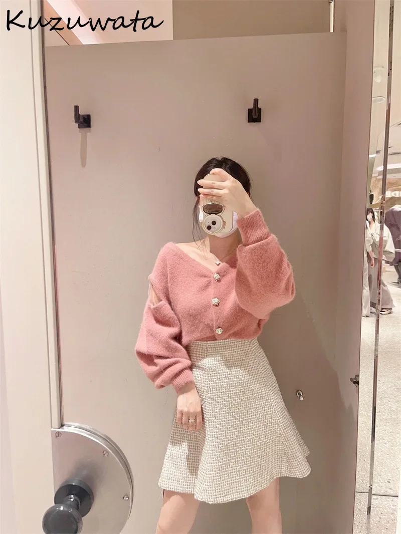 Kuzuwata V Neck Puff Sleeve Loose Elegant Jumper Voile Shoulder Strapless Patchwork Casual Sweaters Japan Button Sweet Moda Tops