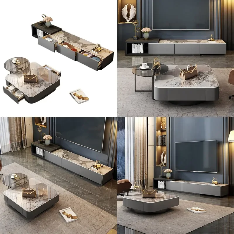 Nordic Slate Floor Cabinet Telescopic TV Stand Light Luxury High End Square Coffee Table TV Cabinet Combo for