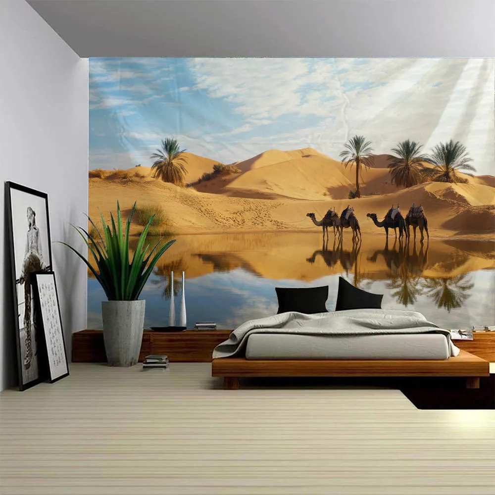 

Desert oasis tapestry, palm trees, lake wall hanging camels on sand dunes, exotic home and dormitory decoration murals