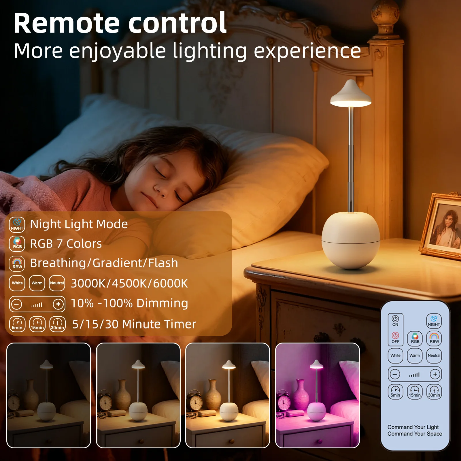 Lampu Malam Mood Tumbler Kreatif USB Isi Ulang dengan Remote Control Lampu Atmosfer RGB untuk Kamar Tidur yang Dapat Disesuaikan Tingginya untuk Rumah.