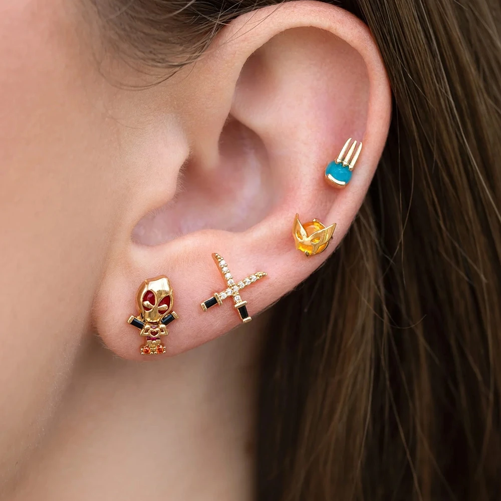 MIGGA 4pcs Fashion Mixed Cartoon Stud Earrings Set for Women Girls Gold Color Plated Cubic Zircon Jewelry